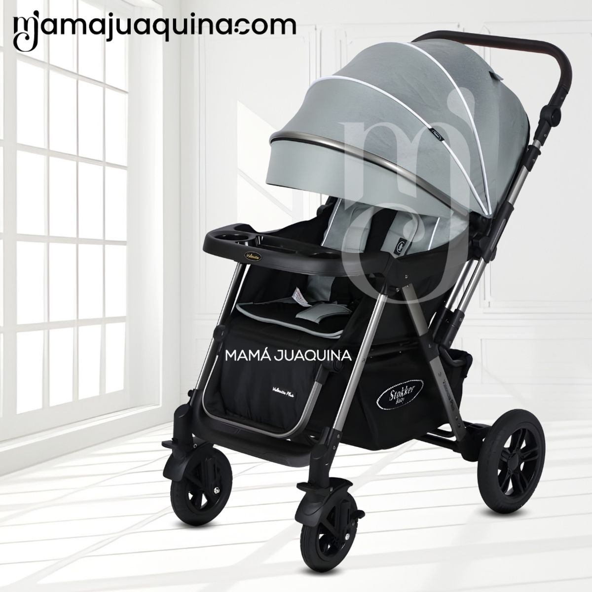 BABY - Coche Cuna De Lujo «SILVER» con Mango Reversible Green
