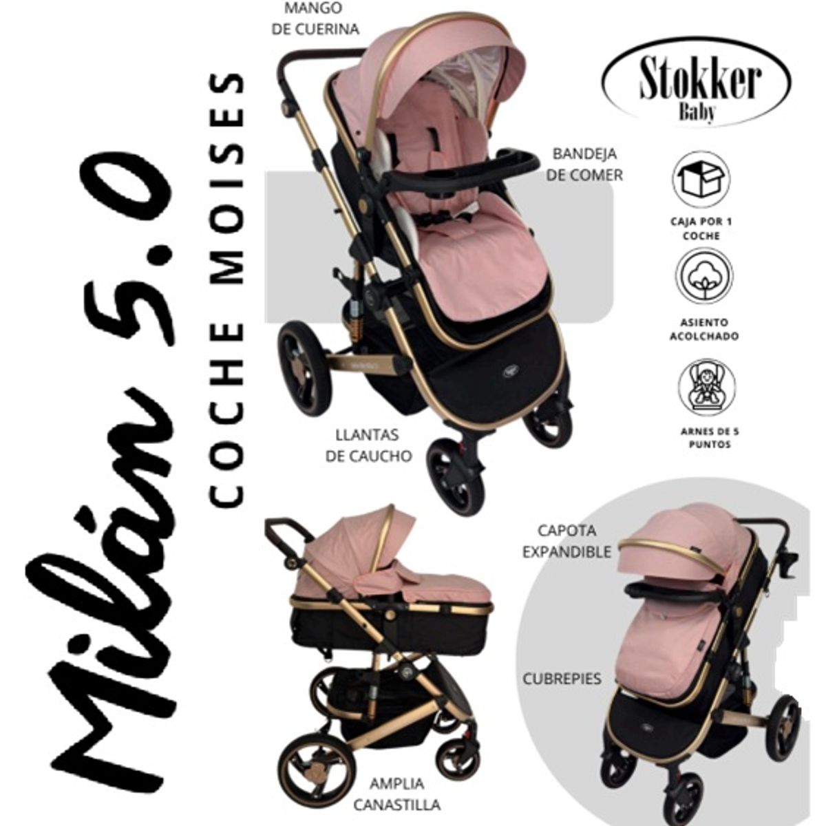 GENERICO - Coche Moises Milan con Mango de Cuerina Stokker Baby