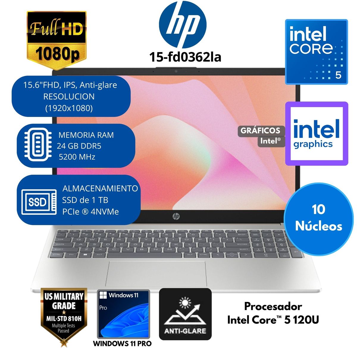 HP - Laptop HP Intel Core i5(15-fd0362la) RAM 24 GB SSD 1 TB 15.6"FHD Windows 11 PRO