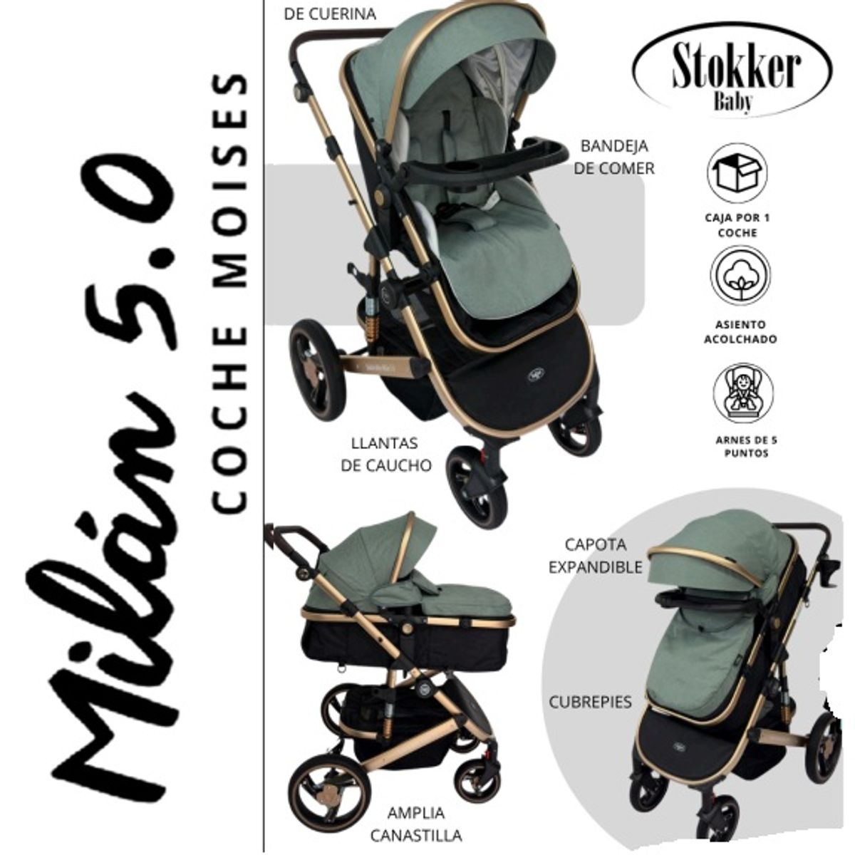 STOKKER BABY - Coche Moises Milan con Mango de Cuerina Stokker Baby Verde