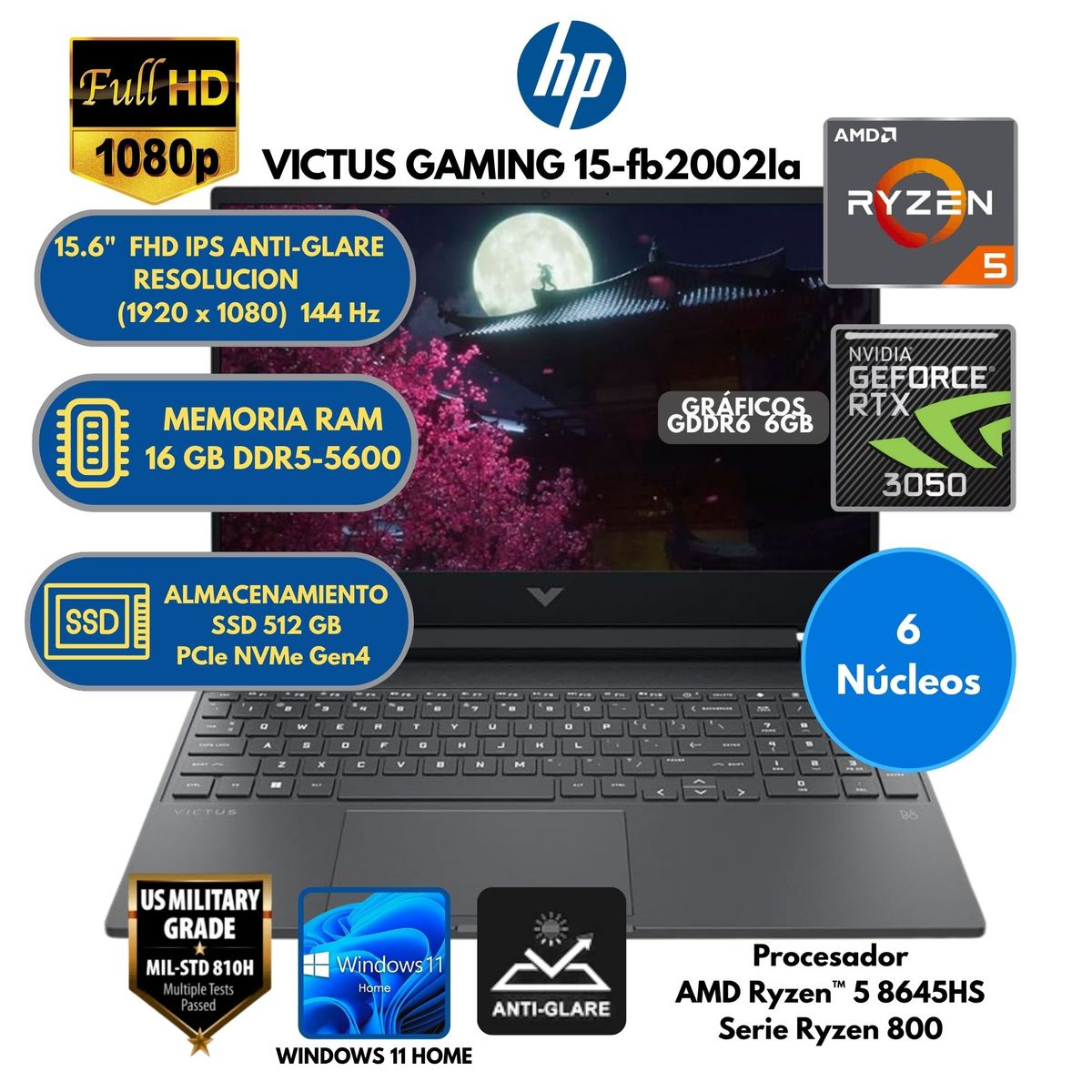 HP - Laptop HP AMD Ryzen™ 5 (VICTUS GAMING 15-fb2002la) RAM 16 GB SSD 512GB 15.6" FHD Windows 11 HOME