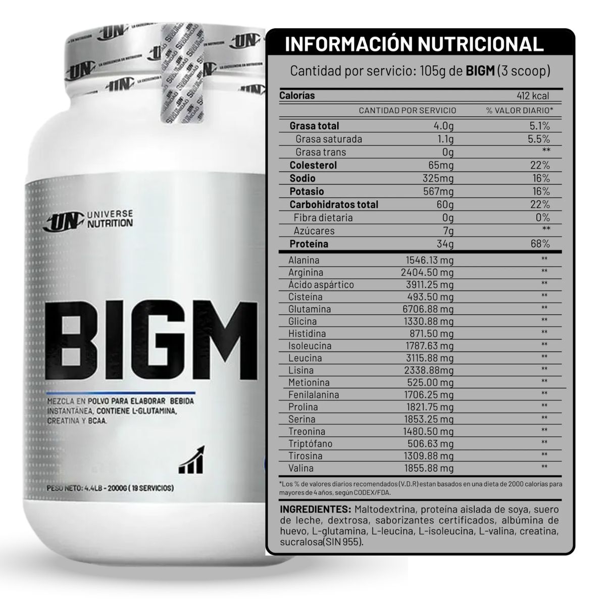 UNIVERSE NUTRITION - Proteína Big M de 2kg Vainilla + Creatina Nutrex de 300gr