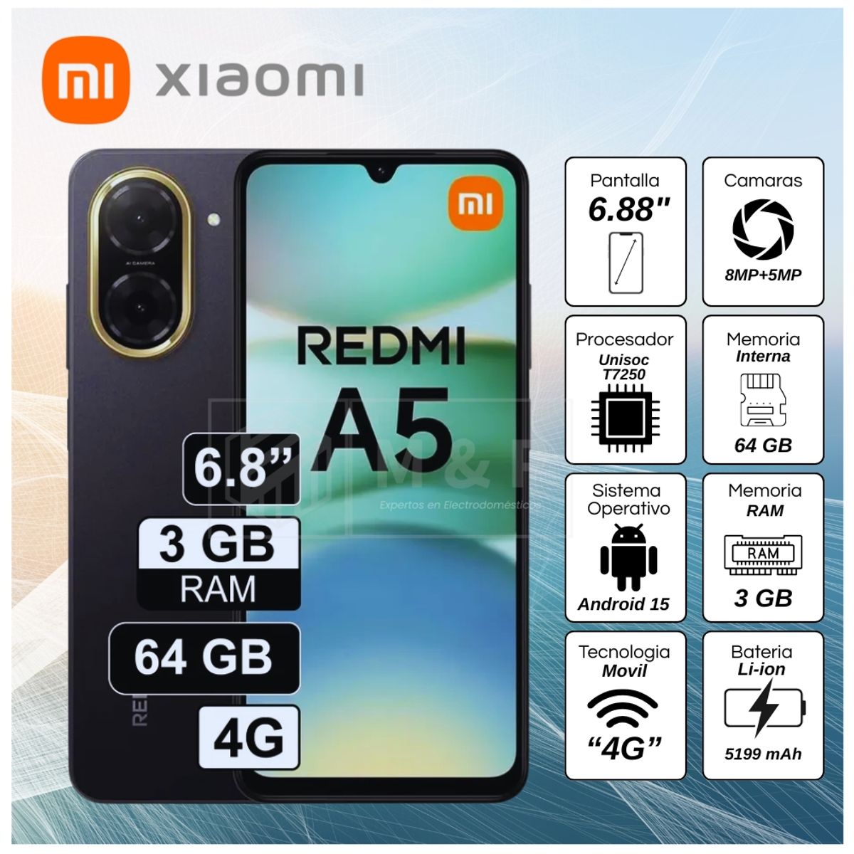 XIAOMI - Celular Xiaomi Redmi A5 4G 3GB RAM 64GB  6.88"  Pulg. HD - Negro Medianoche