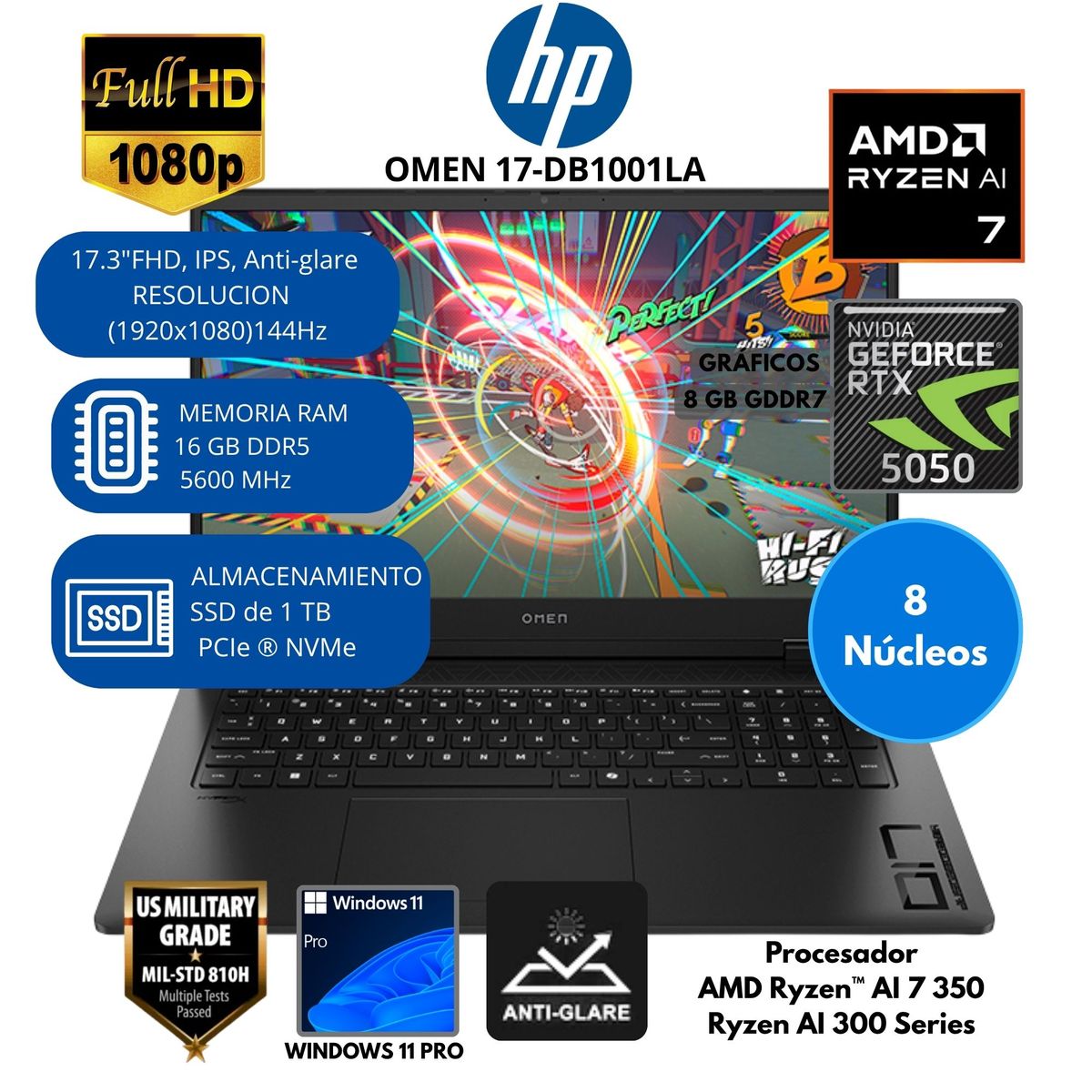 HP - Laptop HP Gaming OMEN AMD Ryzen AI 7 (17-db1001la) RAM 16 GB SSD 1 TB 17.3"FHD Windows 11 PRO