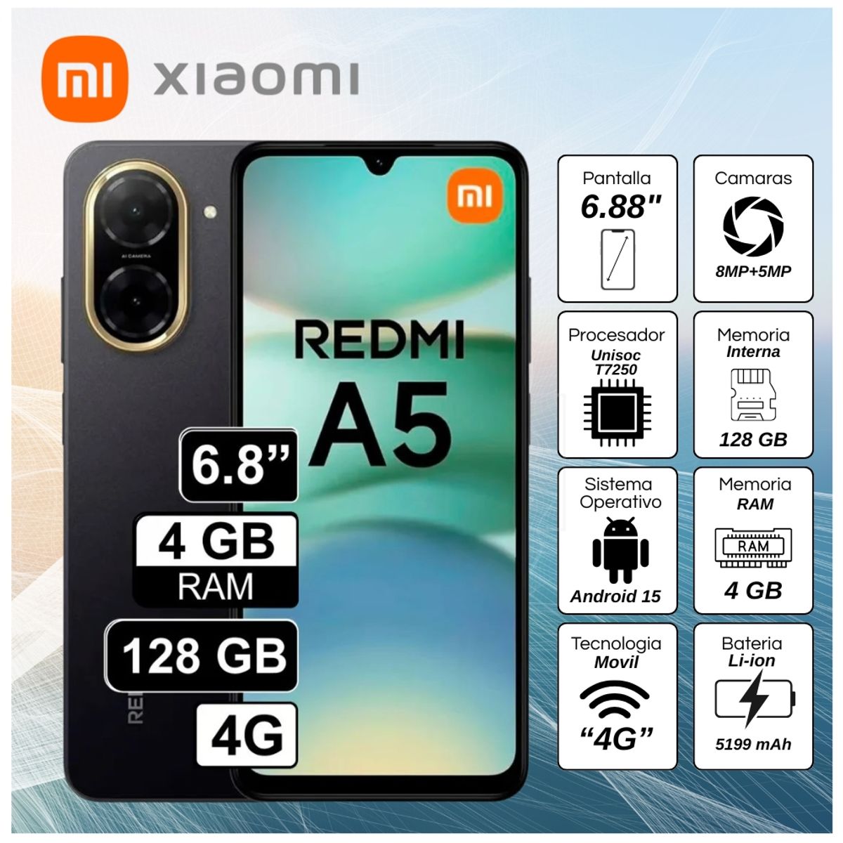 XIAOMI - Celular Xiaomi Redmi A5 4G 4GB RAM 128GB  6.88"  Pulg. HD - Negro Medianoche