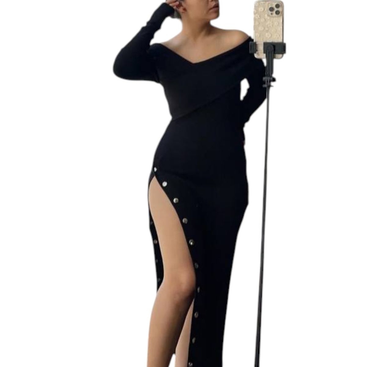 GENERICO - Vestido Asimetrico Manga Larga Broches Rib Grueso Col-26 Color Negro