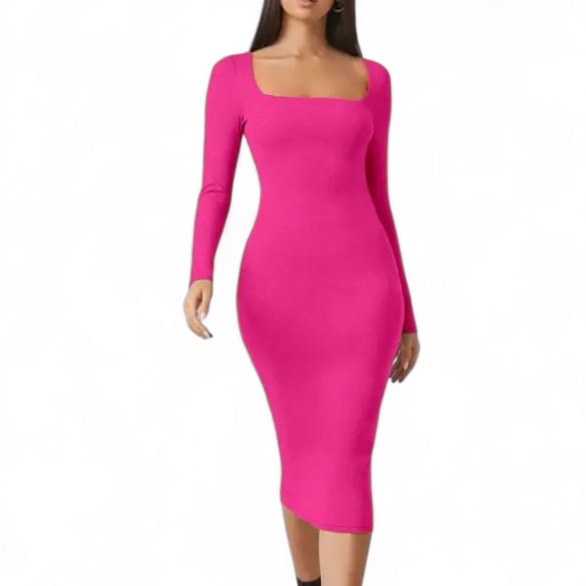 GENERICO - Vestido Cuello Cuadrado Manga Larga Rib Grueso Col-22 Color Fucsia