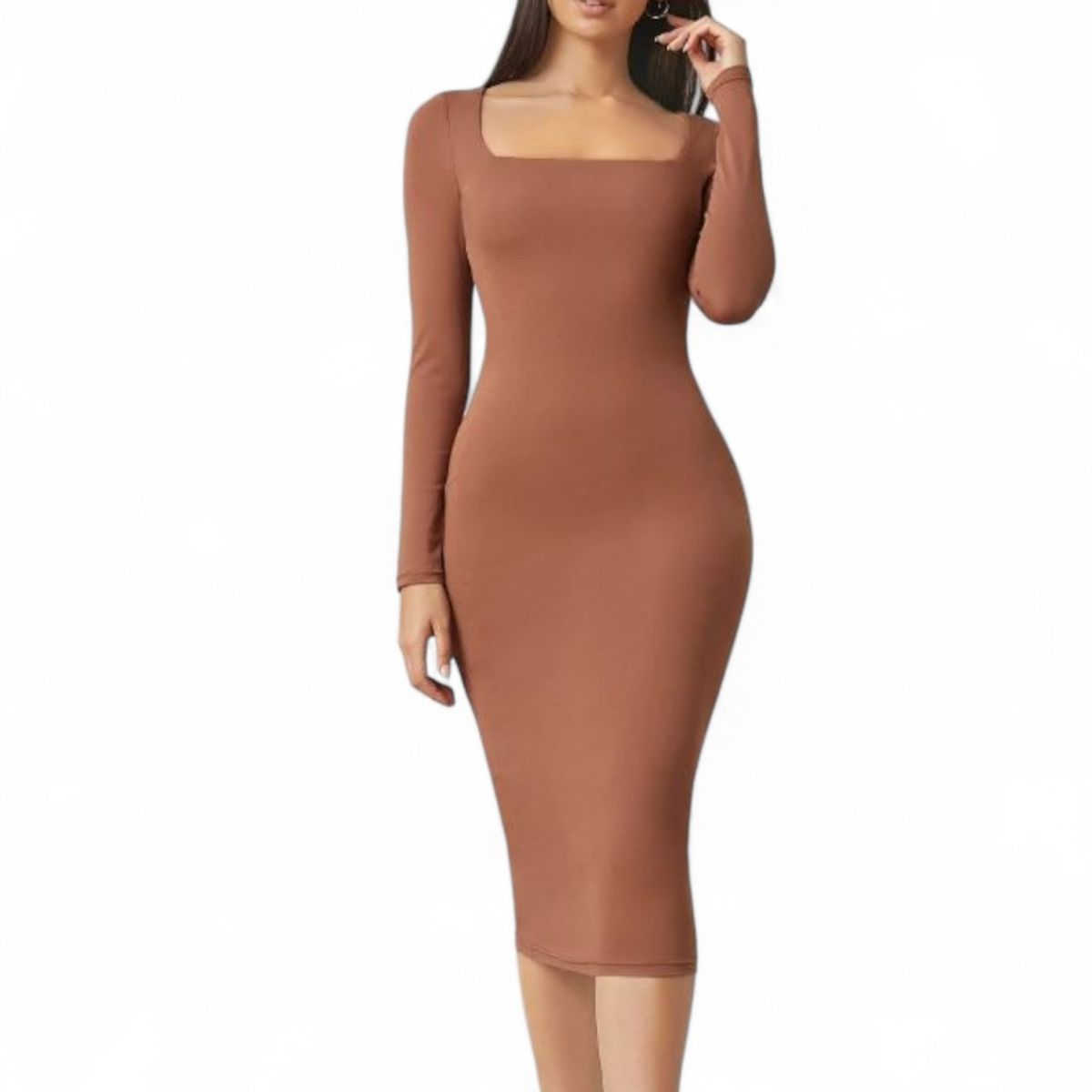 GENERICO - Vestido Cuello Cuadrado Manga Larga Rib Grueso Col-22 Color caramelo