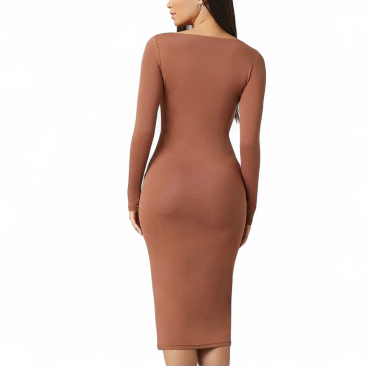 GENERICO - Vestido Cuello Cuadrado Manga Larga Rib Grueso Col-22 Color caramelo