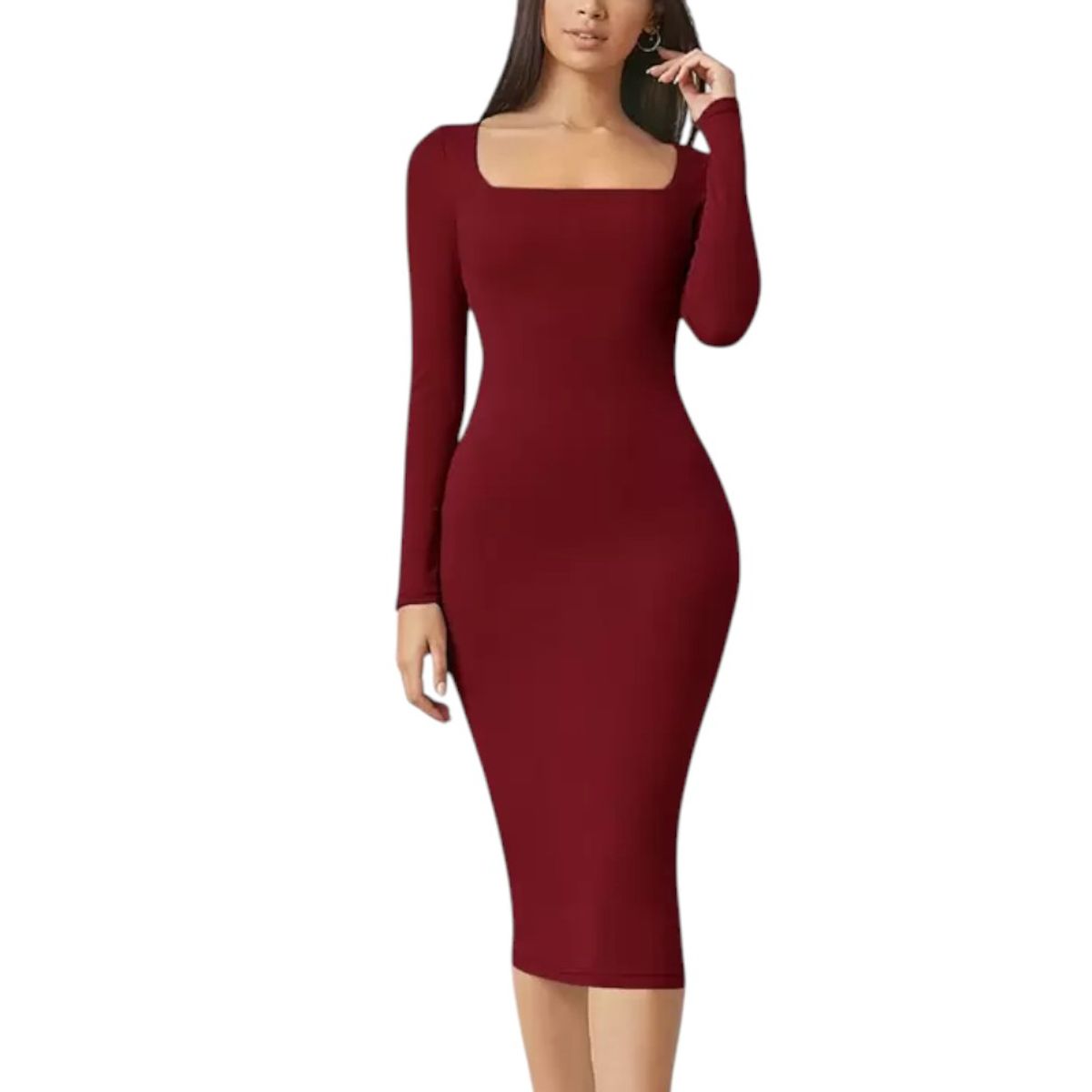 GENERICO - Vestido Cuello Cuadrado Manga Larga Rib Grueso Col-22 Color Vino