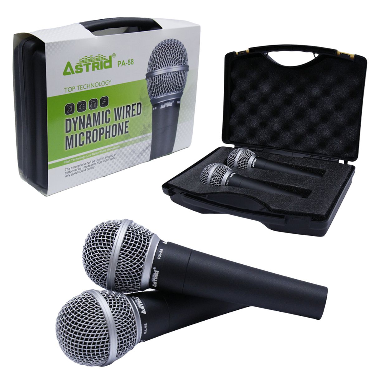 ASTRID - 2 Micrófonos Alámbrico Profesional PA-58 DUO Astrid Metálico Dinámico Unidireccional maletin