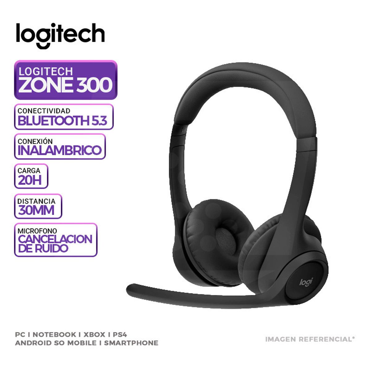 LOGITECH - Audifono C/Microf Logitech Zone 300 Bluetooth Negro