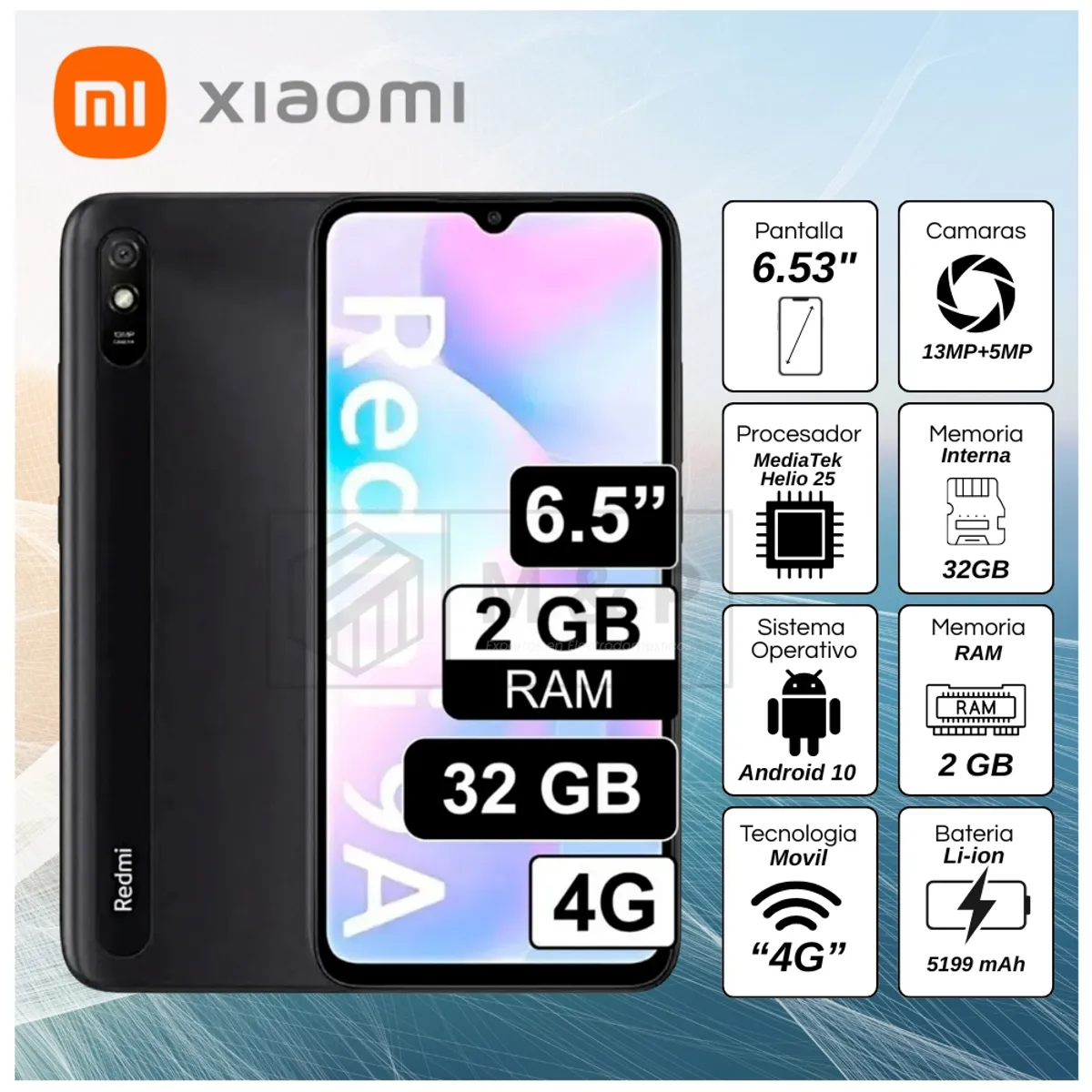 XIAOMI - Celular Xiaomi Redmi 9A 2GB RAM 32GB 6.35"  Pulg. HD  - Negro