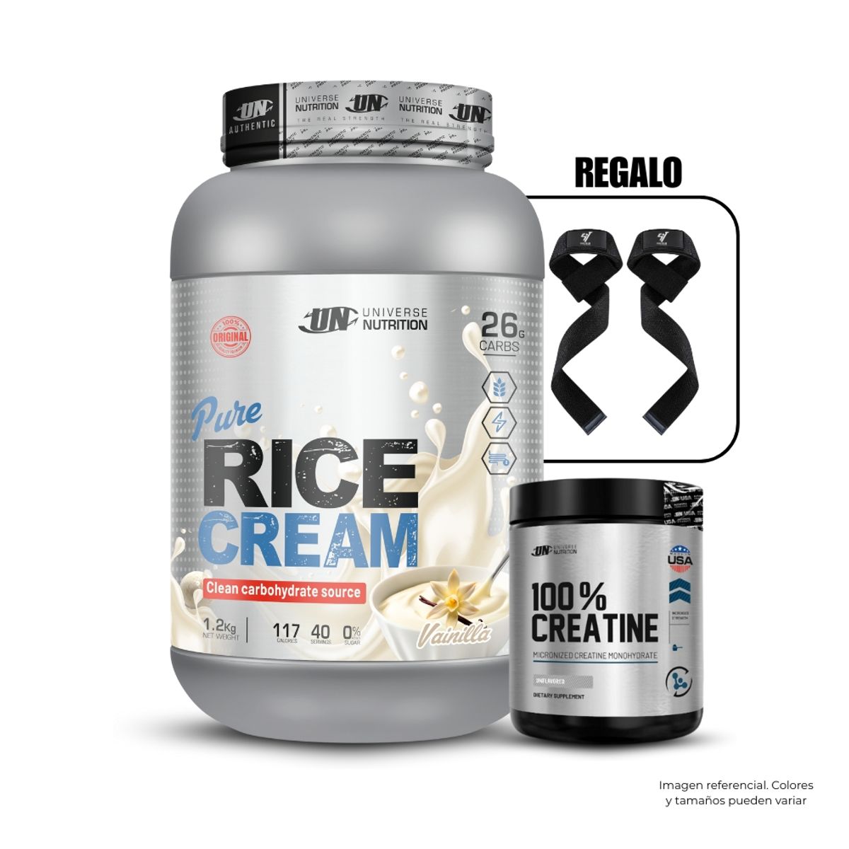 UNIVERSE NUTRITION - Crema de Arroz 1.2 kg Vainilla+Creatina UN 250gr+Straps