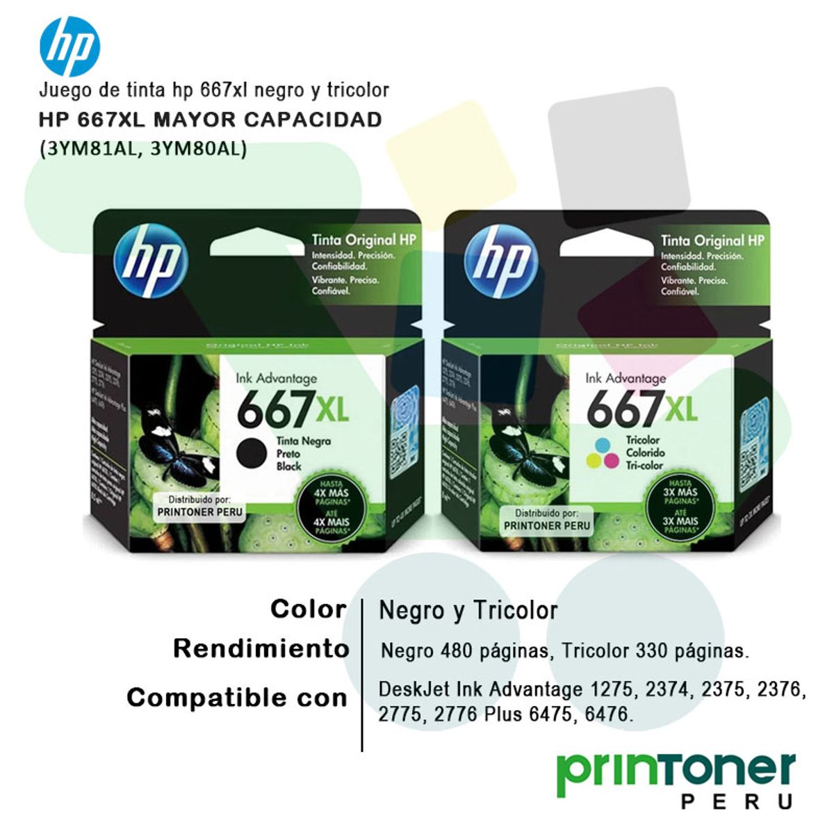 HP - Juego de Tinta HP 667XL Negro y Tricolor Original 3YM80AL 3YM81AL para Impresoras HP DeskJet