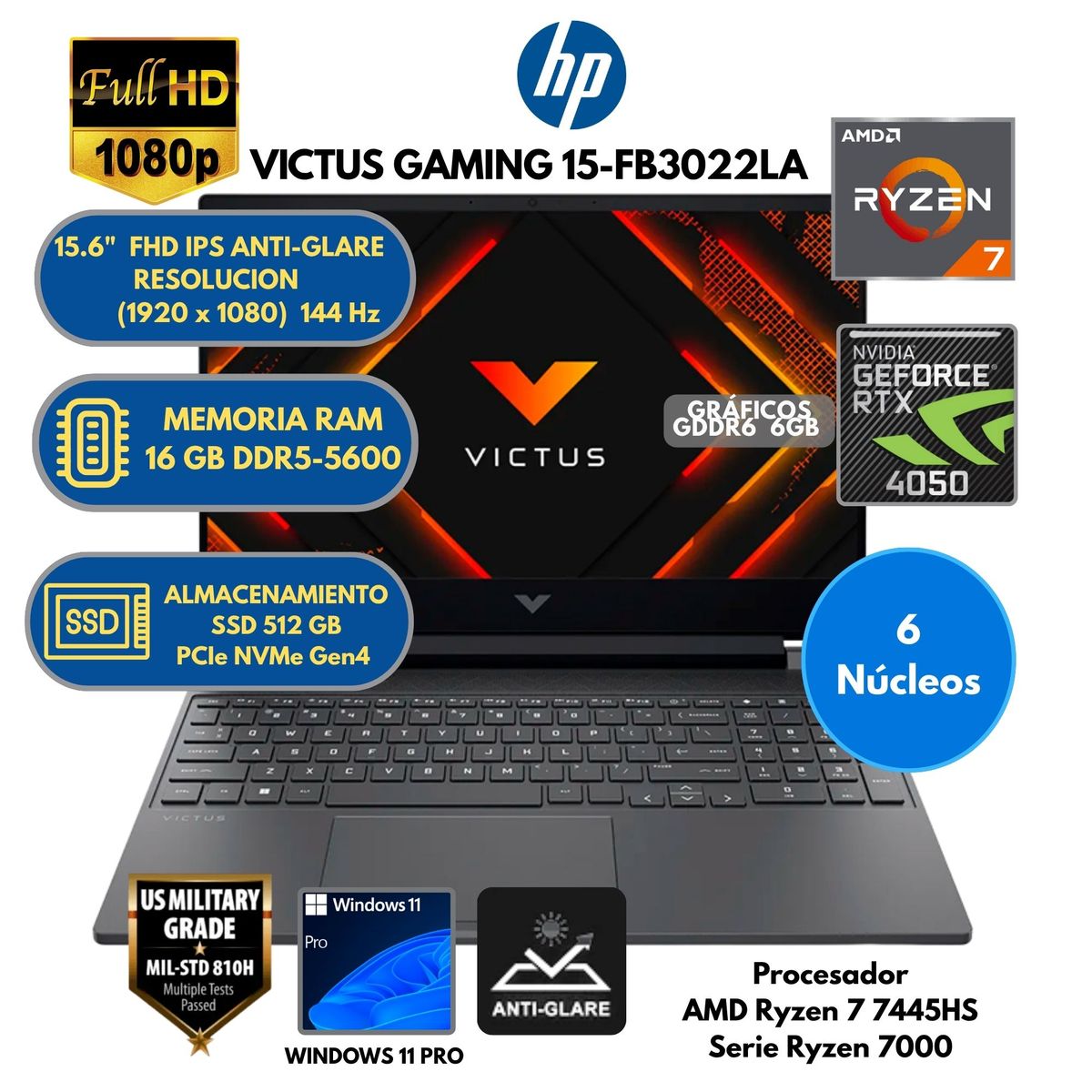 HP - Laptop HP AMD Ryzen™ 7 (VICTUS GAMING 15-FB3022LA) RAM 16 GB SSD 512GB 15.6" FHD Windows 11 PRO