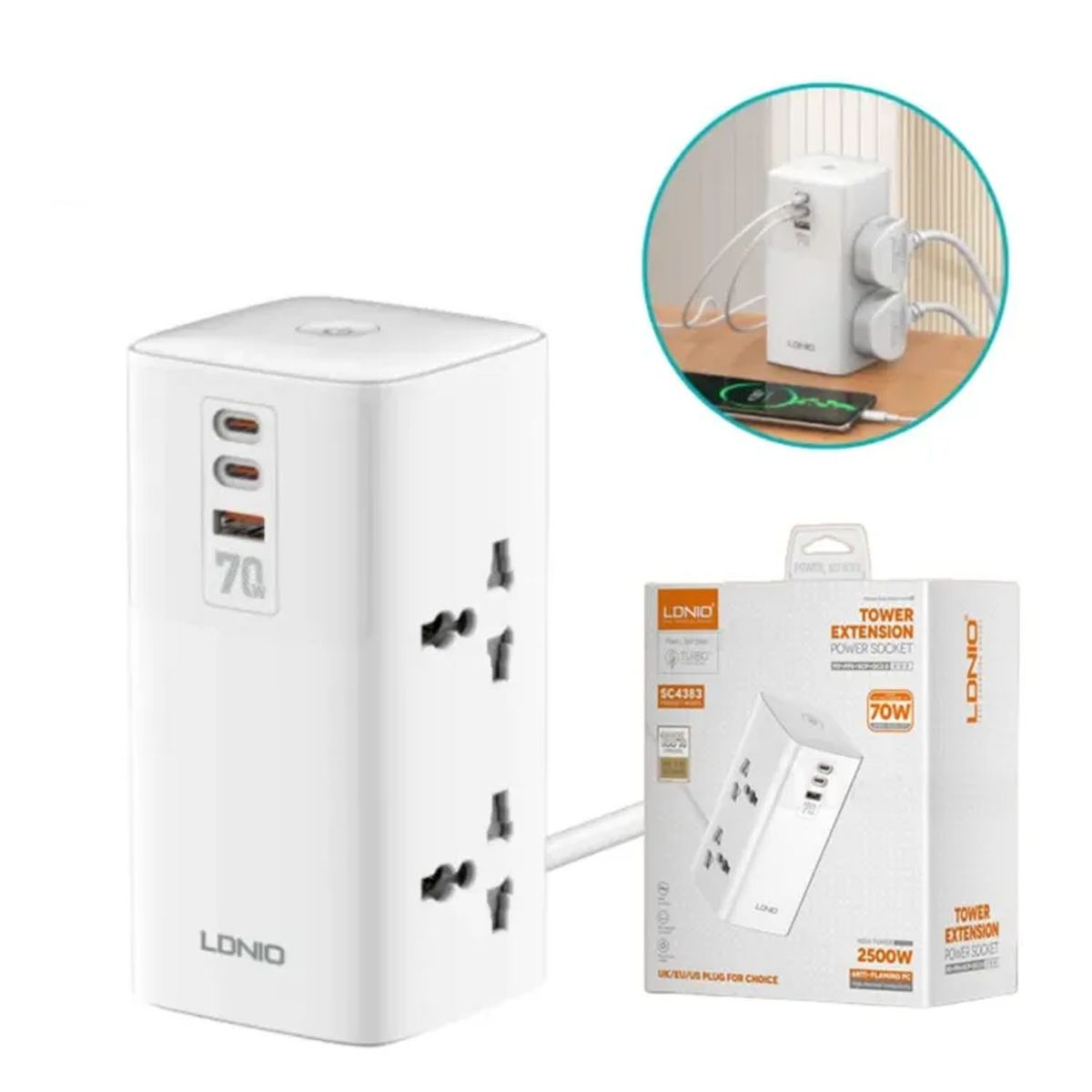 LDNIO - Tomacorriente Extensión Carga Rapida 70w Ldnio Usb SC4383 Blanco