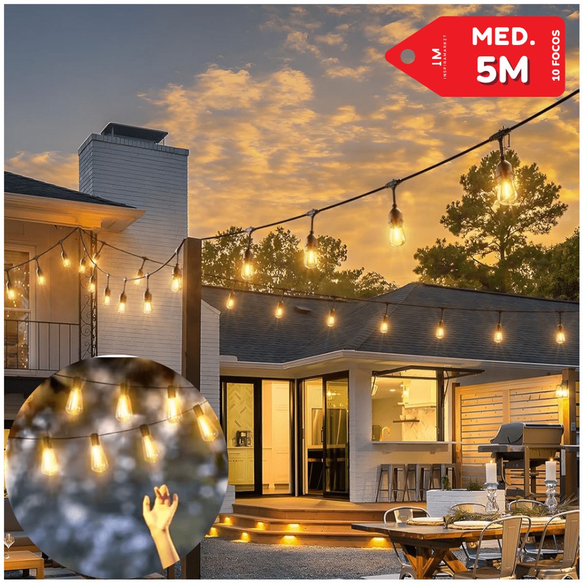 INSPIRA - Guirnalda Colgante Cadena Exterior Interior 5M con 10 Focos