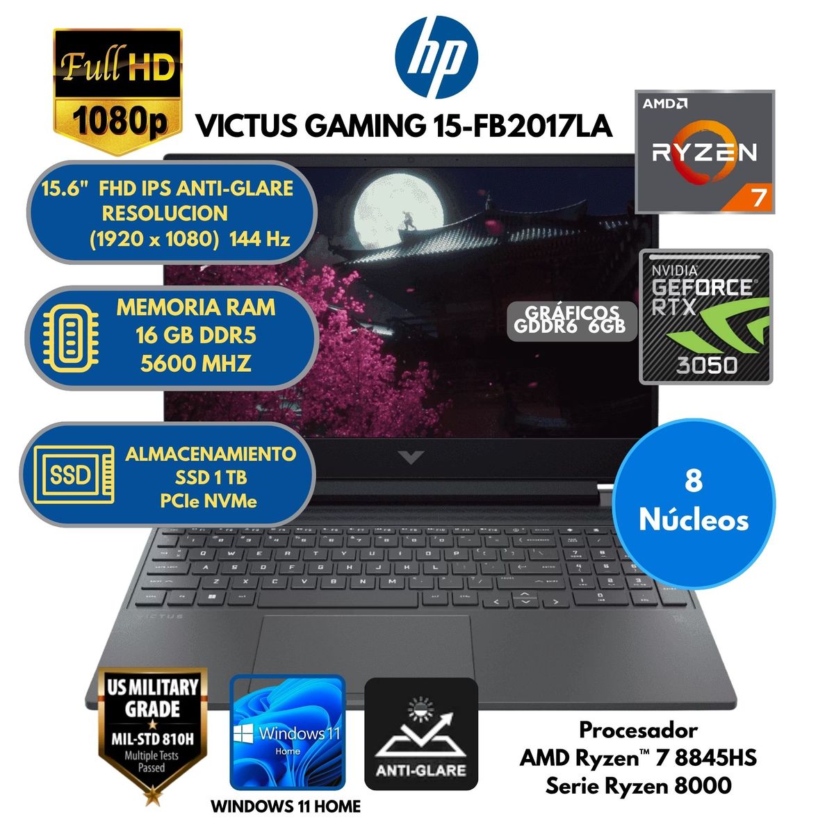 HP - Laptop HP AMD Ryzen™ 7 (VICTUS GAMING 15-FB2017LA) RAM 16 GB SSD 1 TB 15.6" FHD Windows 11 HOME
