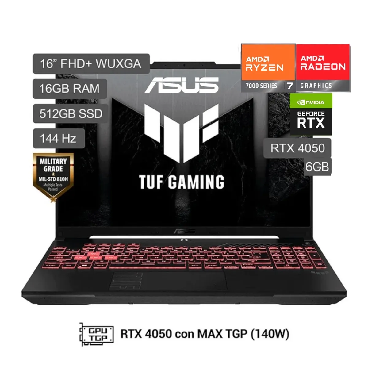 ASUS - Laptop Asus Tuf Gaming A16 Ryzen 7 7445HS RTX 4050 6GB 16GB RAM 512GB SSD 16WUXGA WIN11