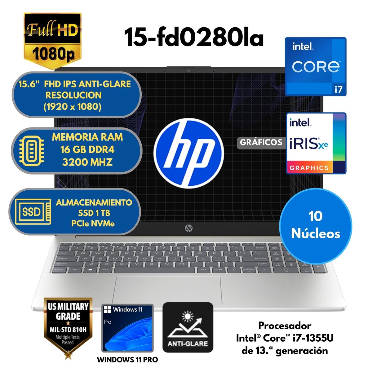 HP - Laptop HP Intel Core i7 (15-fd0280la) RAM 16 GB SSD 1 TB 15.6" FHD Windows 11 PRO