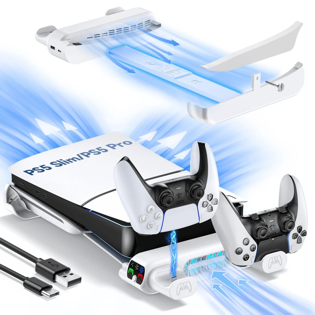 DOBE - Base Horizontal Multifuncional Para Ps5 Slim Y Ps5 Pro Con Ventilador Cargador Dual Y Puertos Usb