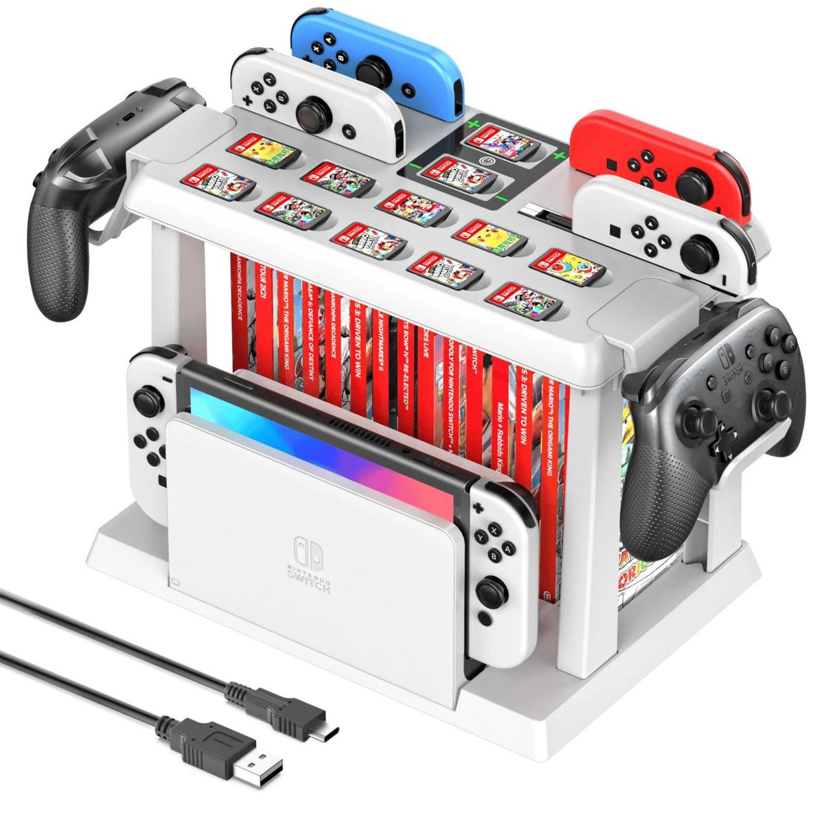 DOBE - Base Multifunción Con Cargador Completo De Mandos Estante Slot Blanco Para Nintendo Switch Fat Oled