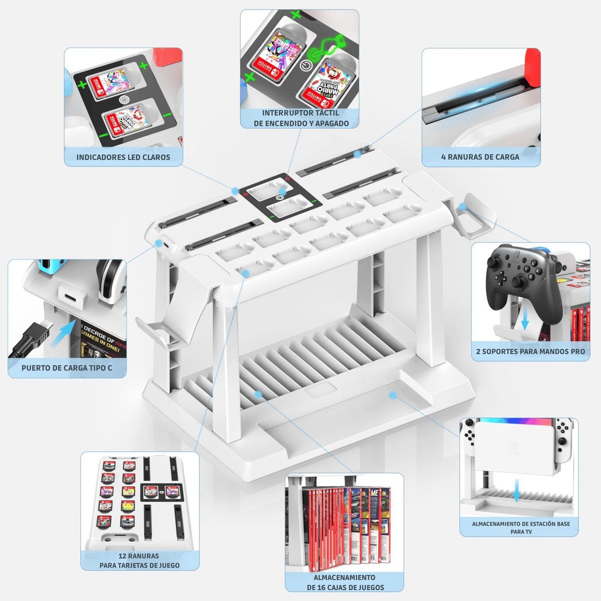 DOBE - Base Multifunción Con Cargador Completo De Mandos Estante Slot Blanco Para Nintendo Switch Fat Oled