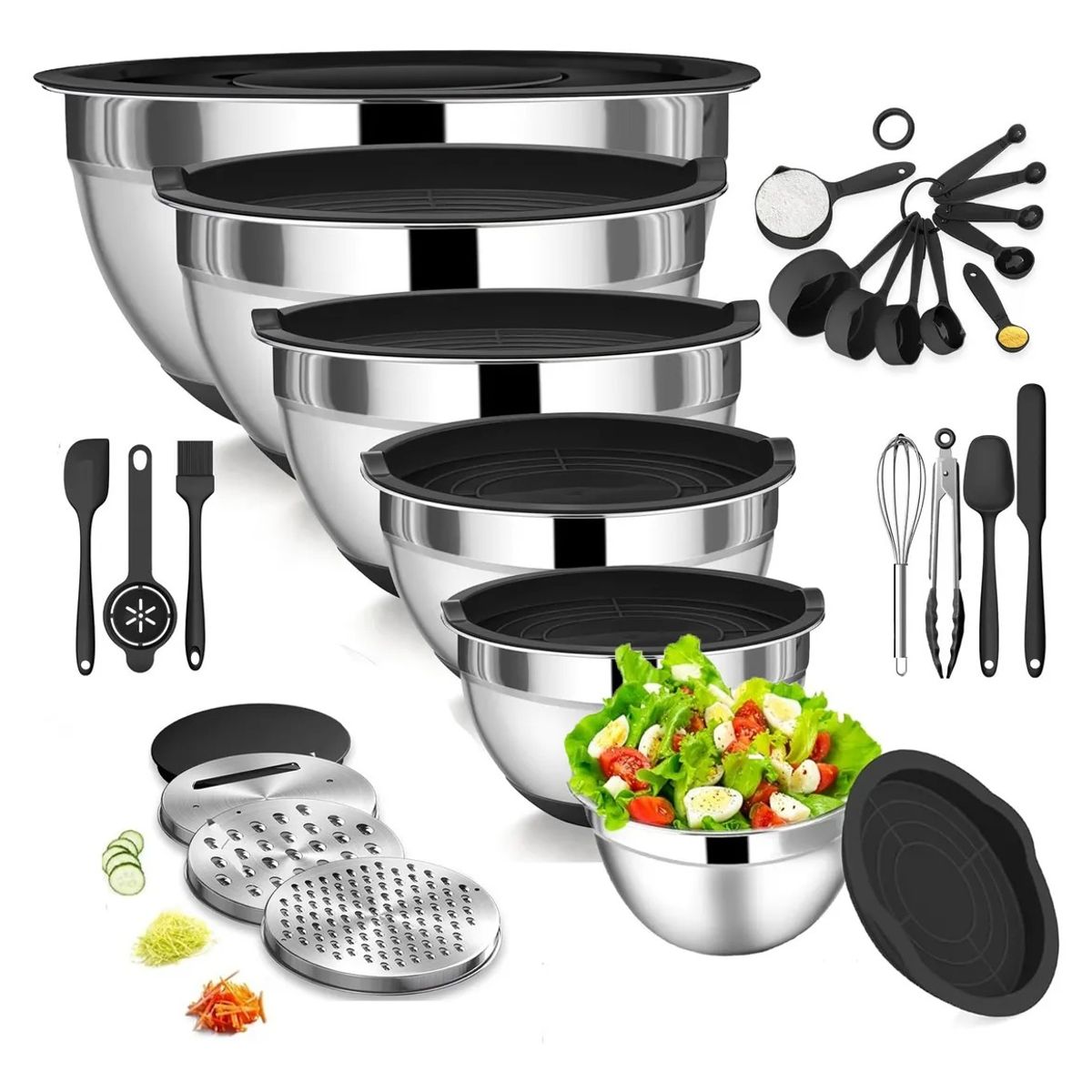 EVERSO - Juego De Bowls Con Tapa Acero Inoxidable Antideslizante Plateado