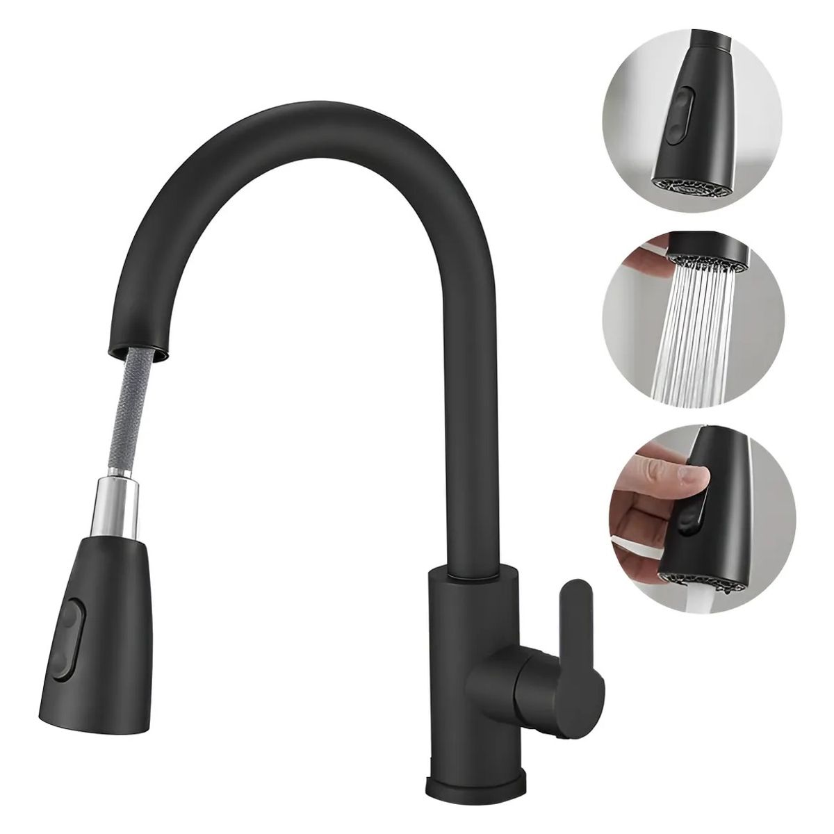 EVERSO - Llave Monomando Lavaplatos Extraíble Negra Flexible Negro