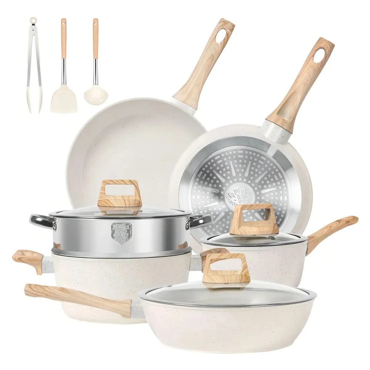 EVERSO - 12 Piezas Bateria De Cocina Juego De Sartenes Antiadherentes BLANCO