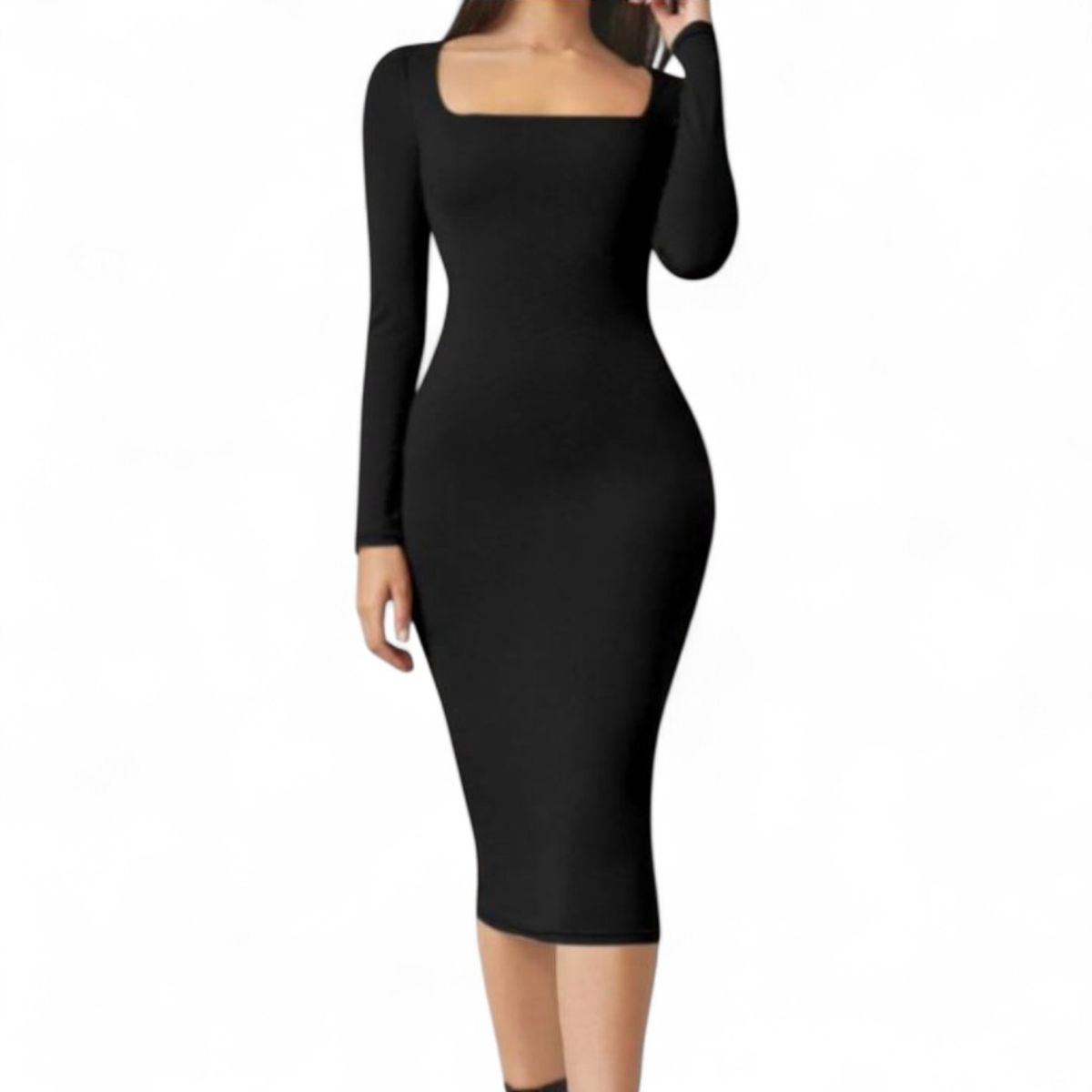 GENERICO - Vestido Cuello Cuadrado Manga Larga Rib Grueso Col-22 Color Negro