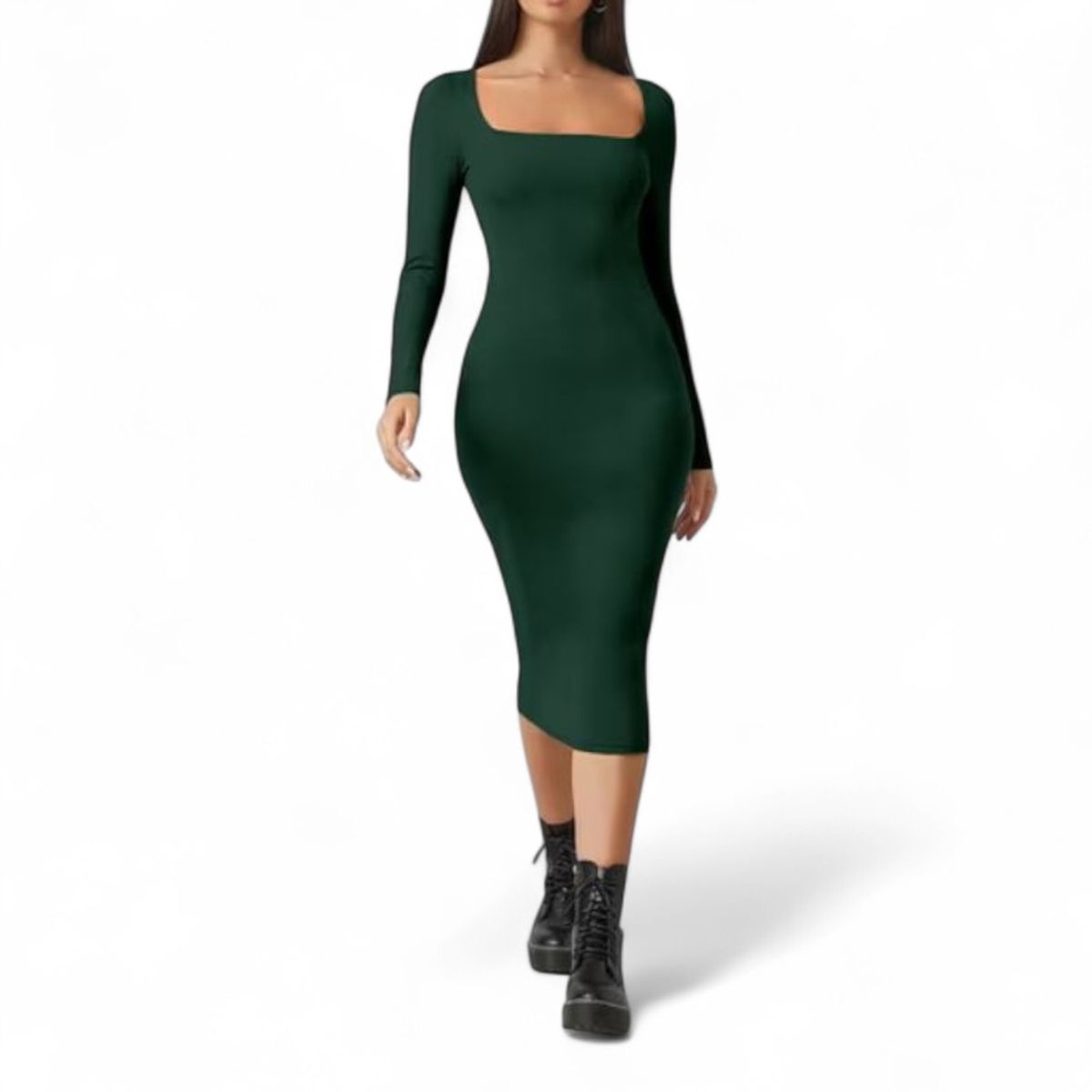 GENERICO - Vestido Cuello Cuadrado Manga Larga Rib Grueso Col-22 Color Verde