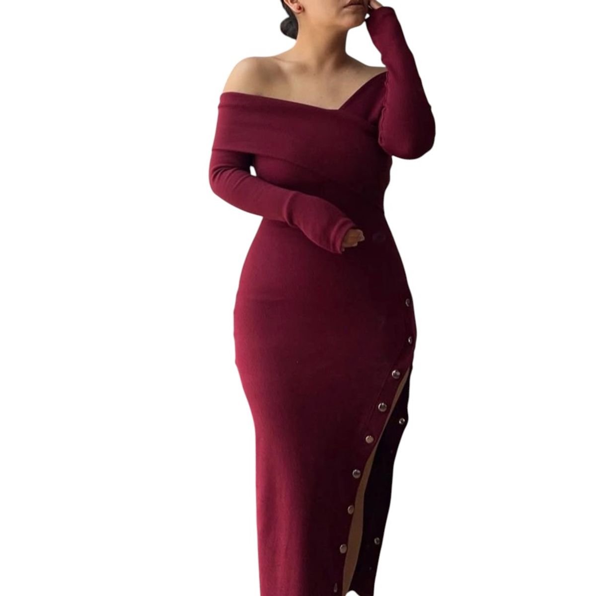 GENERICO - Vestido Asimetrico Manga Larga Con Broches Rib Grueso Col-26 Color Vino