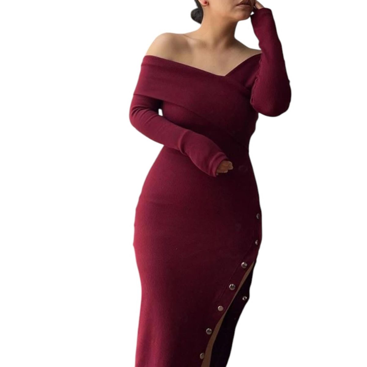 GENERICO - Vestido Asimetrico Manga Larga Con Broches Rib Grueso Col-26 Color Vino