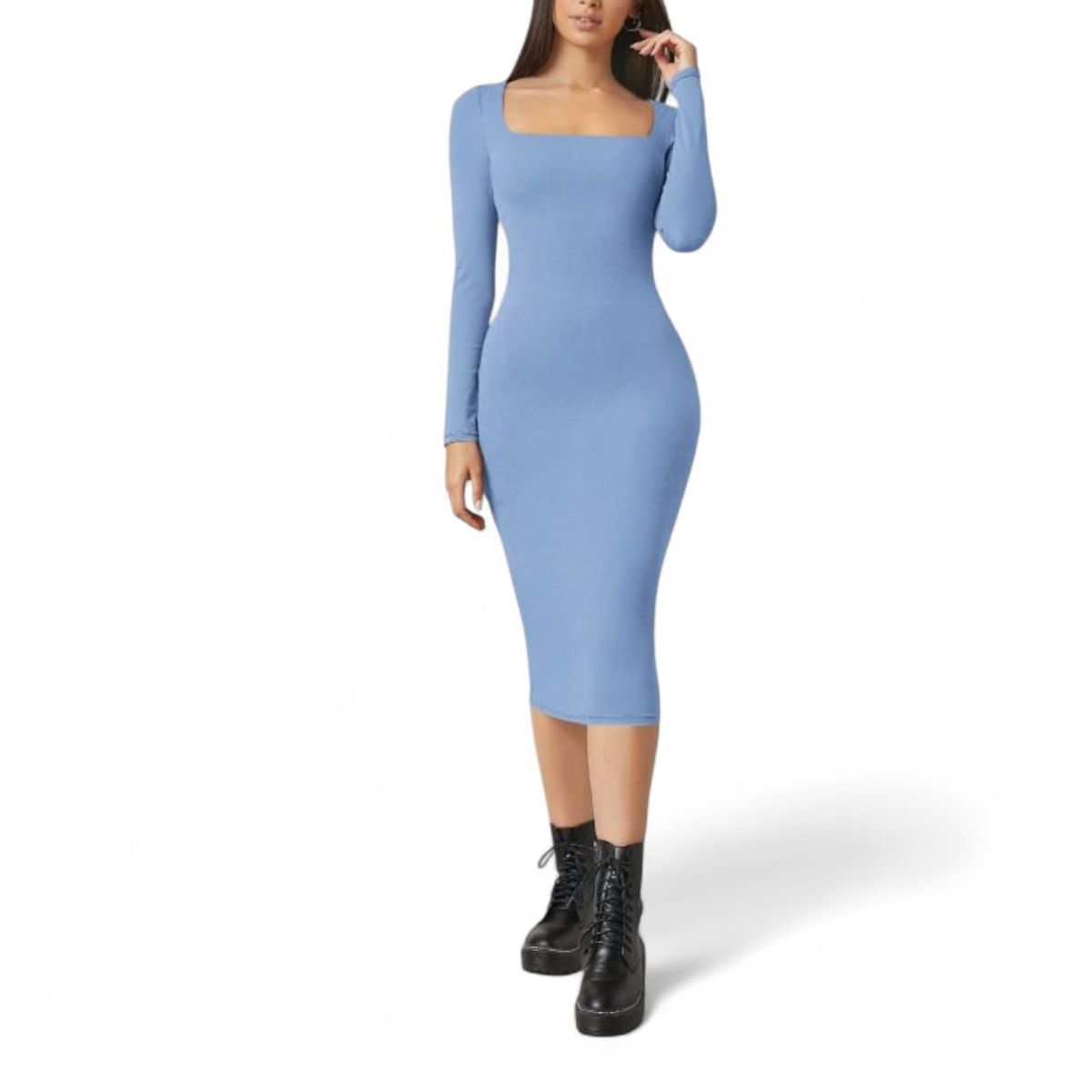 GENERICO - Vestido Cuello Cuadrado Manga Larga Rib Grueso Col-22 Color Acero