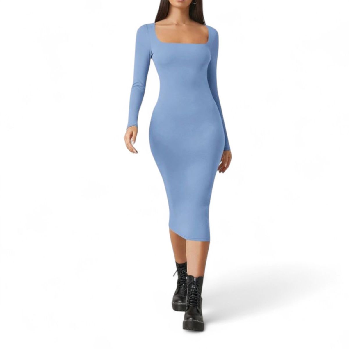 GENERICO - Vestido Cuello Cuadrado Manga Larga Rib Grueso Col-22 Color Acero