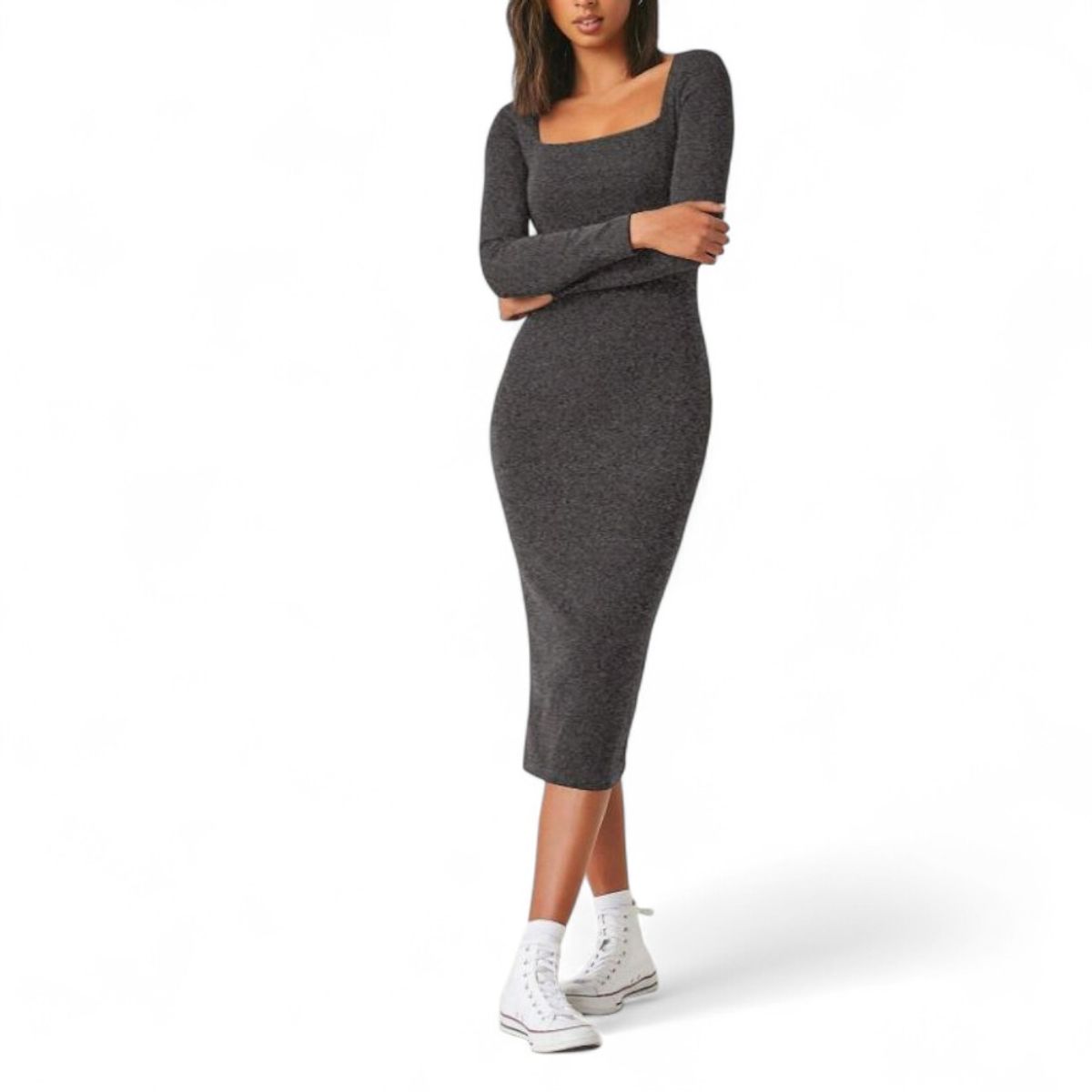 GENERICO - Vestido Cuello Cuadrado Manga Larga Rib Grueso Col-22 Color Gris Oscuro