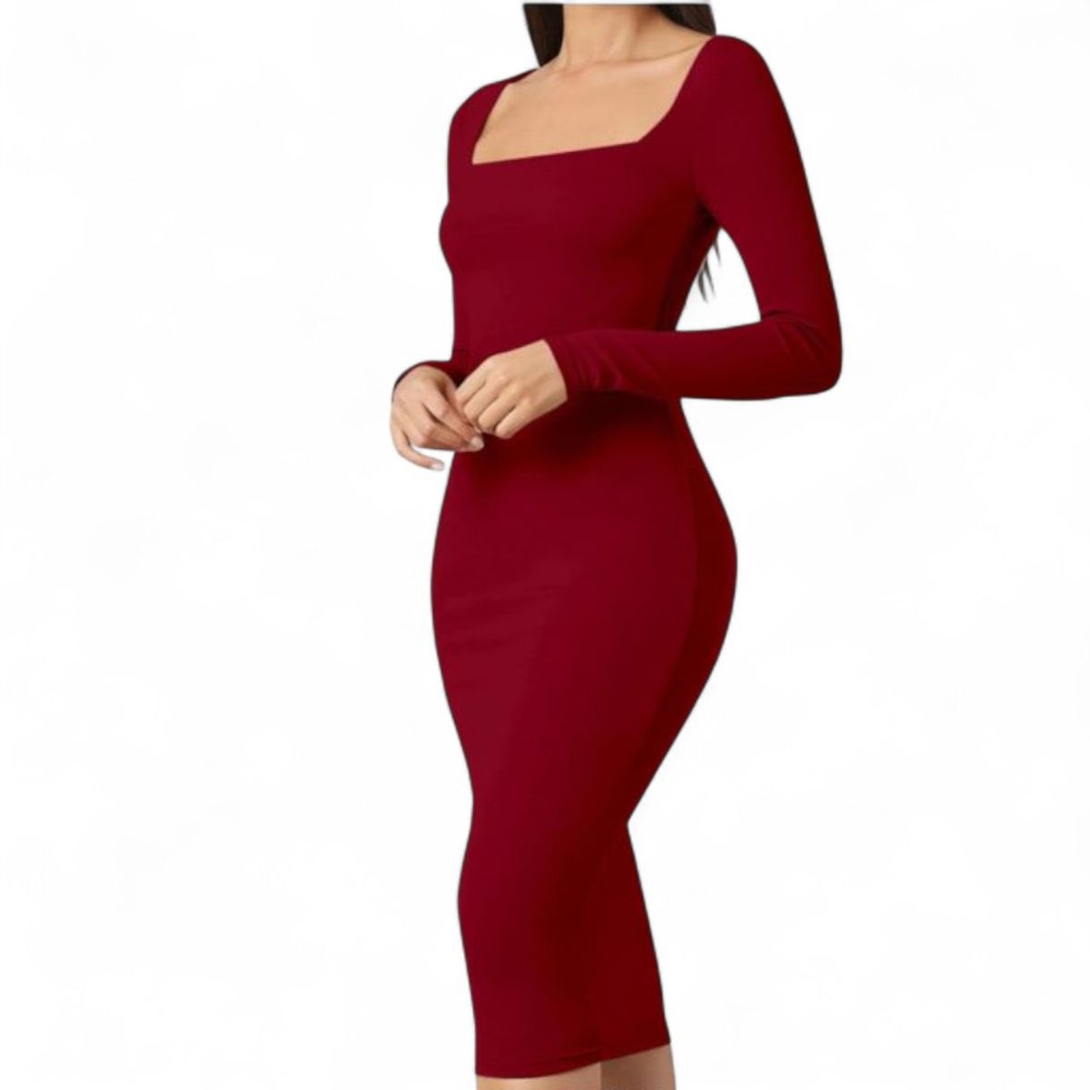 GENERICO - Vestido Cuello Cuadrado Manga Larga Rib Grueso Col-22 Color Vino