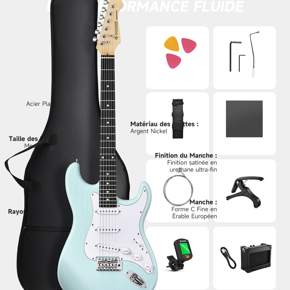 DONNER - Pack de Guitarra eléctrica Donner DST-80 Surf Green con amplificador