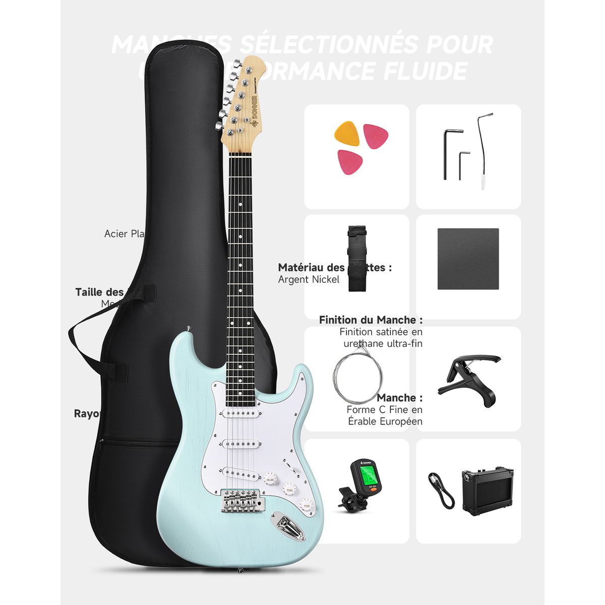 DONNER - Pack de Guitarra eléctrica Donner DST-80 Surf Green con amplificador