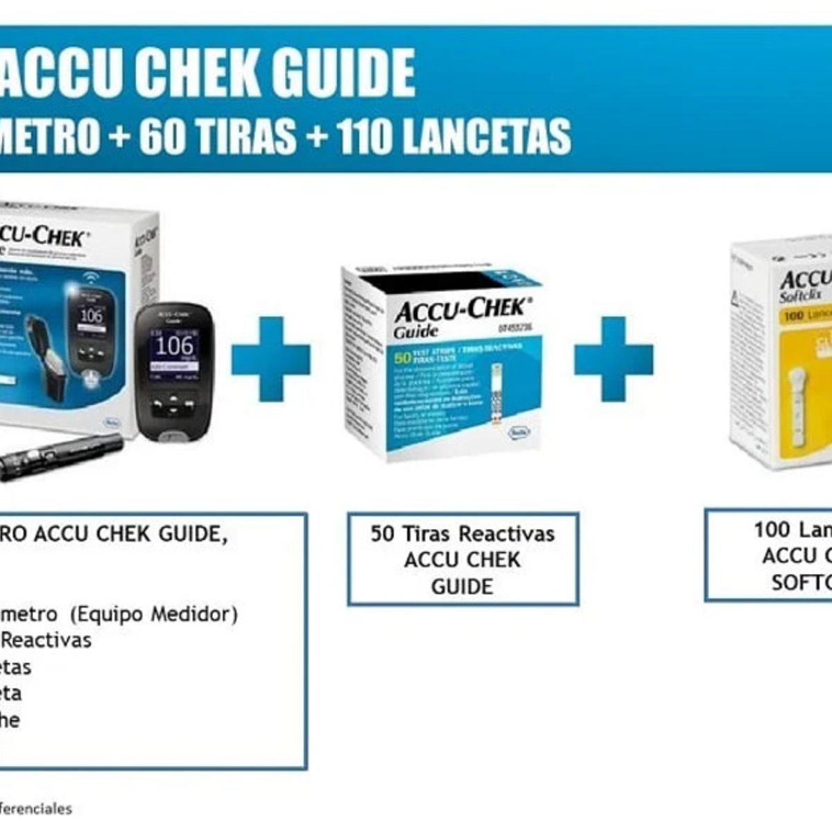 ACCU CHEK - ACCUCHEK GUIDE MEDIDOR DE GLUCOSA, 60 TIRAS Y 110 LANCETAS