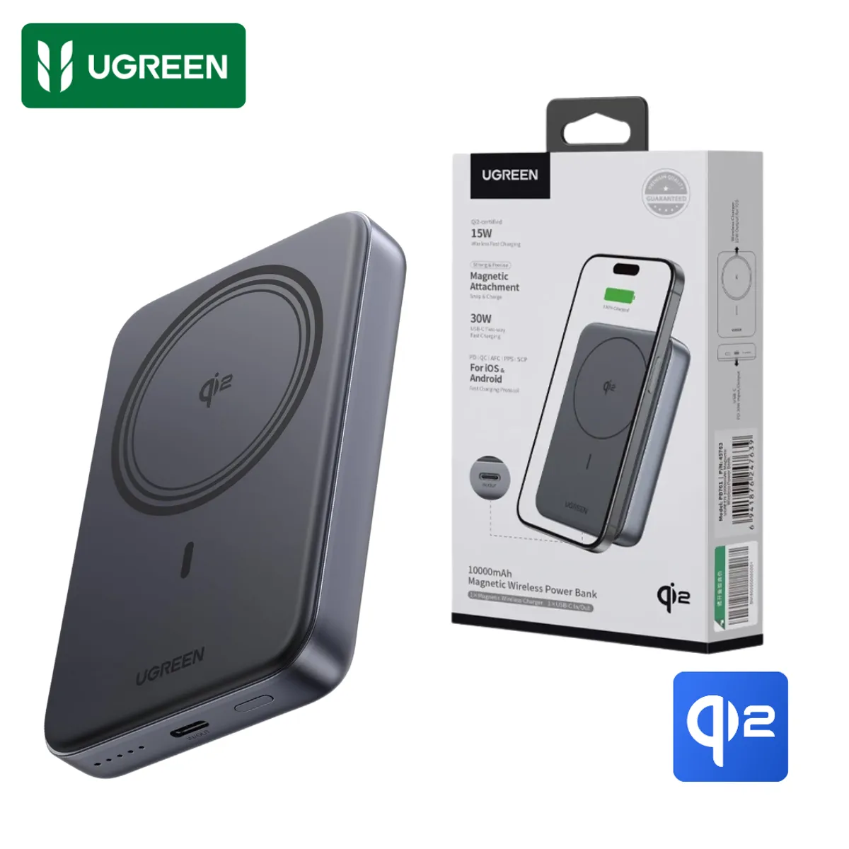 UGREEN - Power Bank Cargador Ugreen 10000 mAh Qi2 Magnético + PD 30W Bateria Carga Rápida