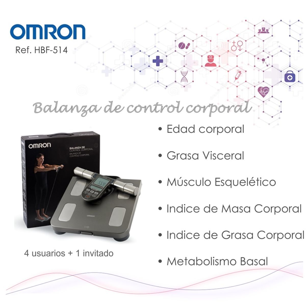 OMRON - Balanza con Sensor Corporal HBF-514+ Reg Termómetro Infrarrojo A200