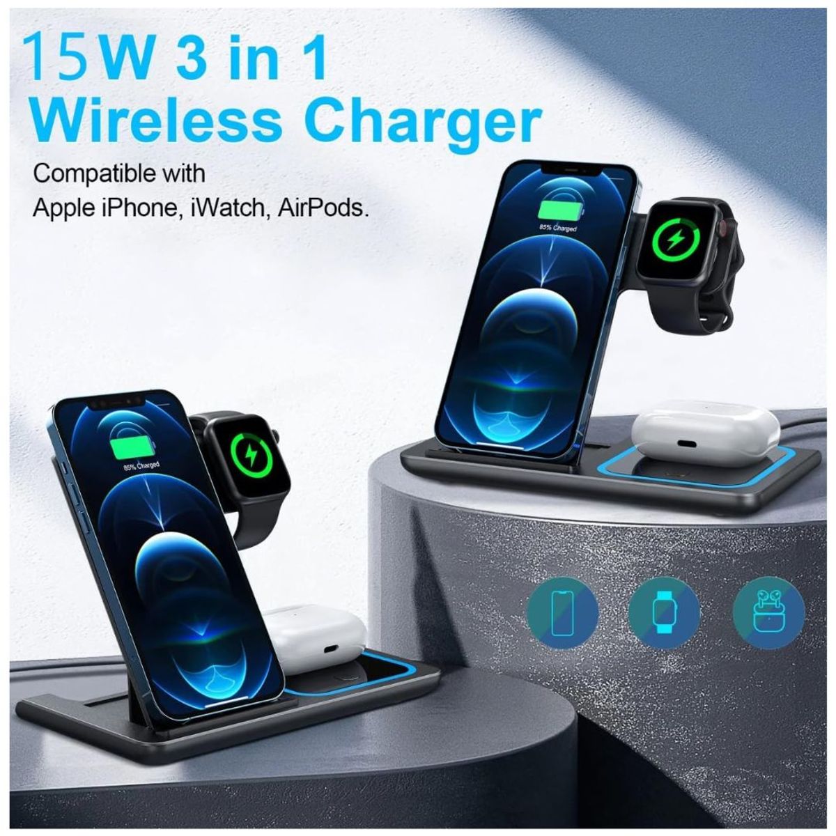 GENERICO - Cargador Inalámbrico 3 en 1 Bluetooth  Compatible Para iPhone Y Android Carga Rápida