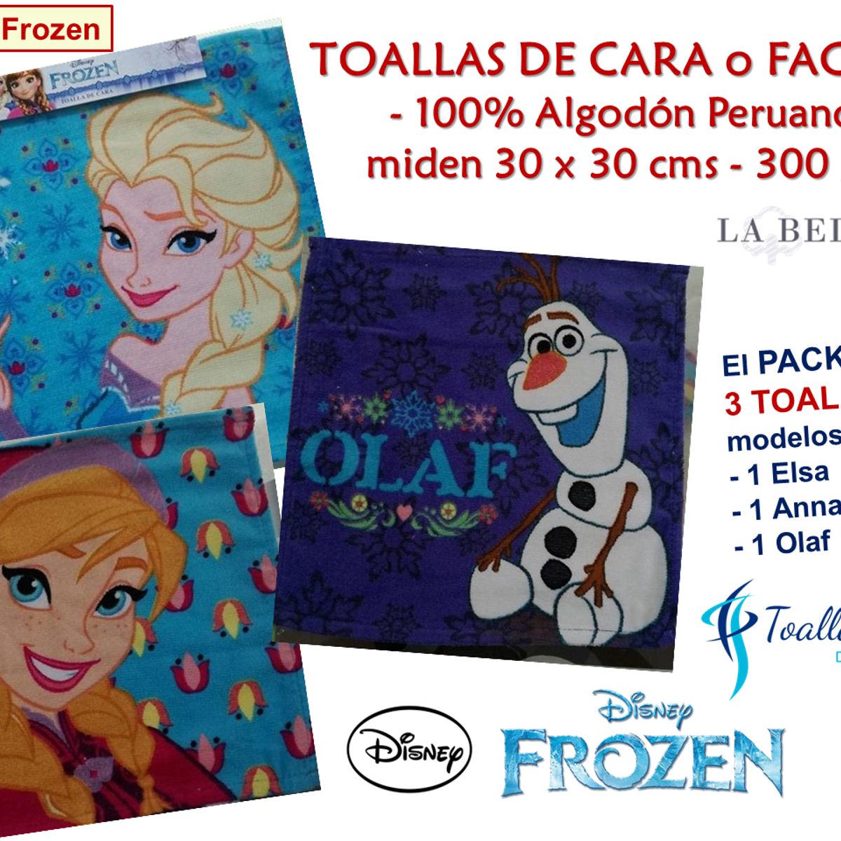 LA BELLOTA - Toalla de Cara /Facial "Frozen" 30x30 cms. (Pack 3 unid)