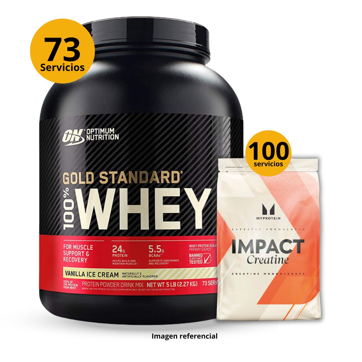 UNIVERSE NUTRITION - Proteína Gold standard whey de 5lb Vainilla + Creatina Myprotein de 500gr