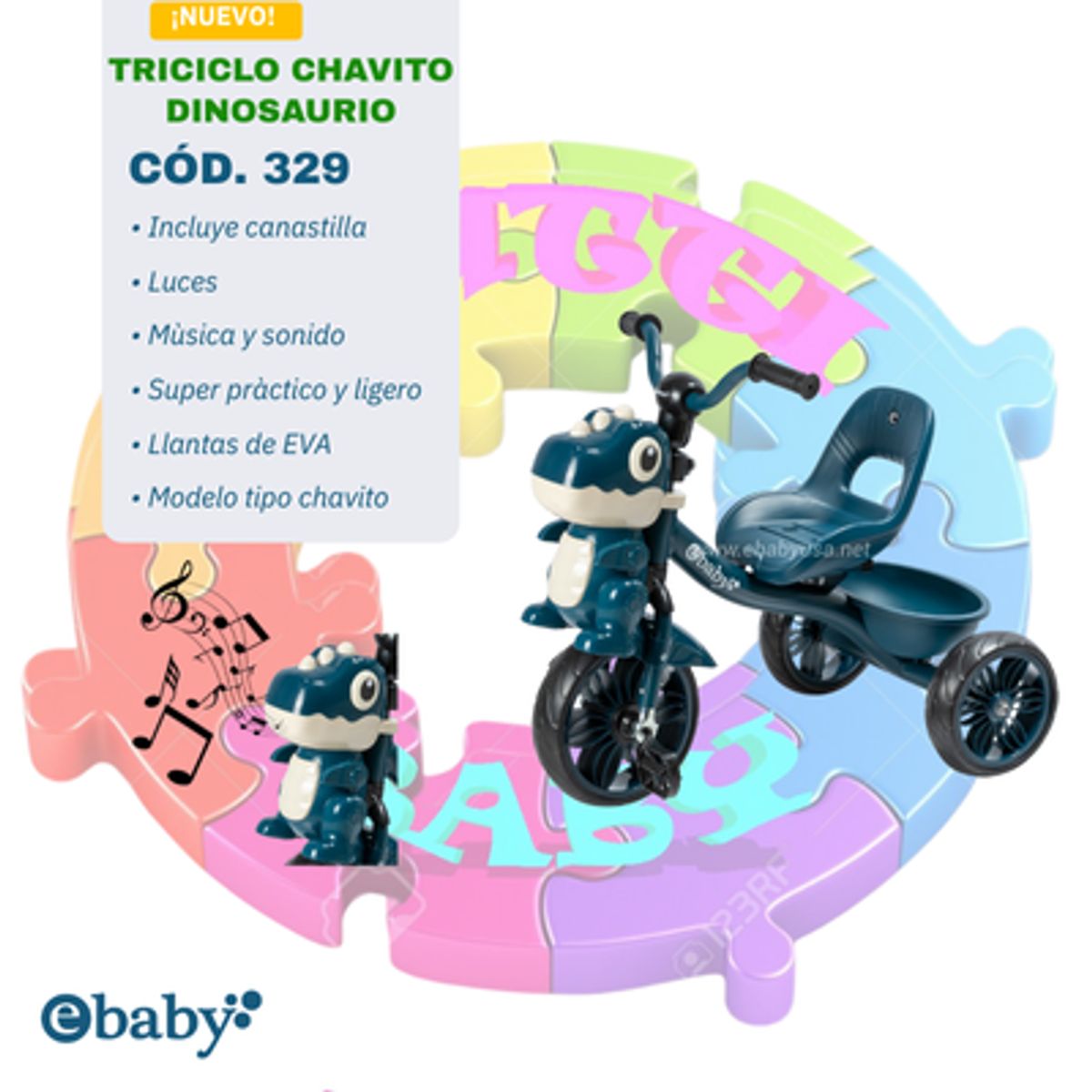 EBABY - TRICICLO CHAVITO  DINOSAURIO MUSICAL Y LUCES COD329- AZUL