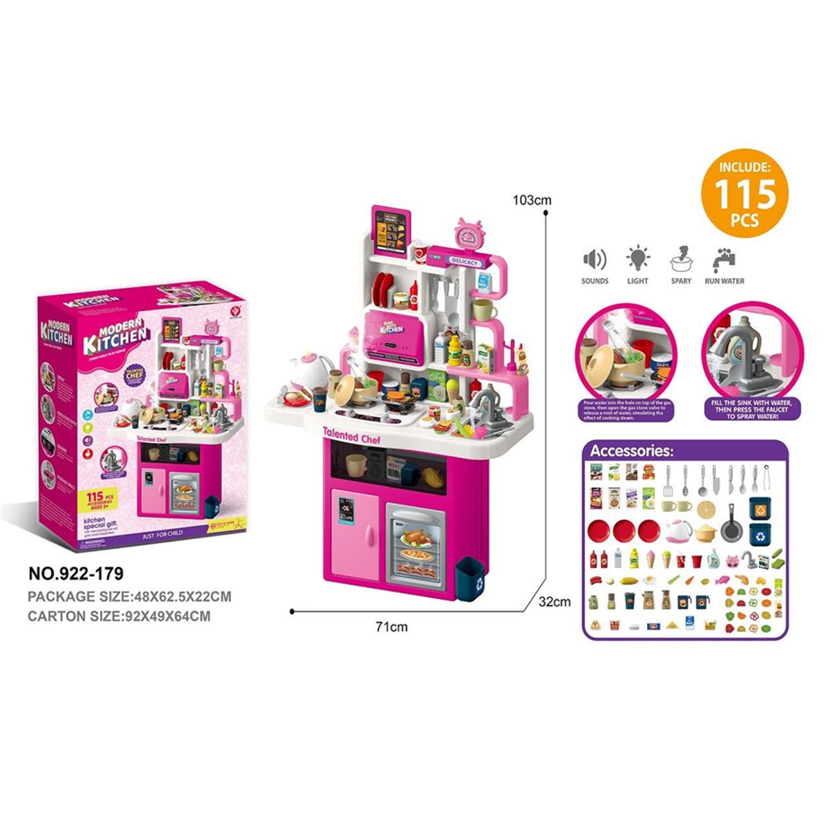 GENERICO - Cocina Infantil Juego con  Luz, Sonido Y Agua 115 piezas