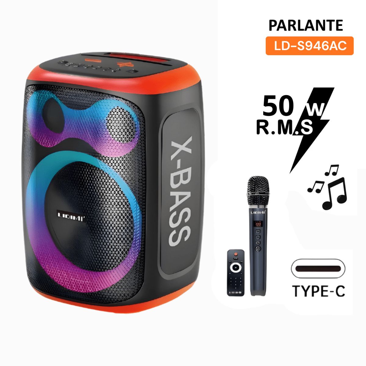 LIDIMI - PARLANTE PORTÁTIL LIDIMI 50W LD-S946AC BLUETOOTH USB TF AUX RGB FRONTAL NEGRO